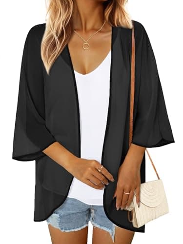 GKBK Women's Floral Print Puff Sleeve Kimono Cardigan Loose Cover Up Casual Sheer Blouse Beach Wear Oversized Tropical Cruise Business Attire Tops Trendy Outfits Fashion Clothing Black L - Image 1