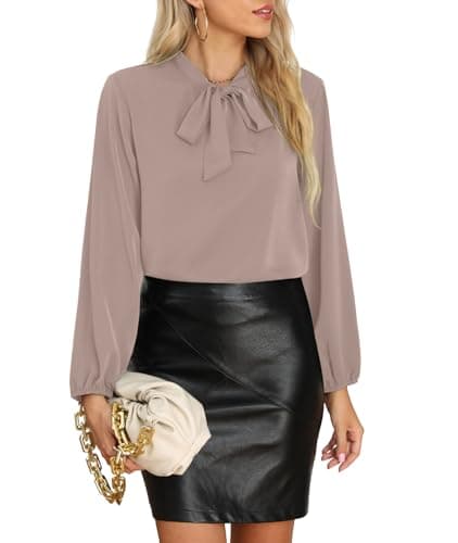 CZYINXIAN Fall Blouses for Women Fahion 2022 Chiffon Long Sleeve Blouses Loose Tie Neck Shirts(Champagne Gray,XX-Large) - Image 1