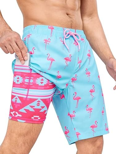 SILKWORLD Mens Swimming Trunks with Compression Liner 2 in 1 Quick-Dry 9" Swim Shorts with Zipper Pockets, Blue Pink Flamingo, Small - Image 1