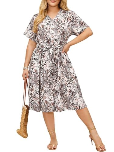 Charming Ashley Plus Size Women's Dress 2026 Summer V-Neck Short Sleeve Midi Dress with Pockets Beach Resort Wear 1X-5XL Leopard - Image 1