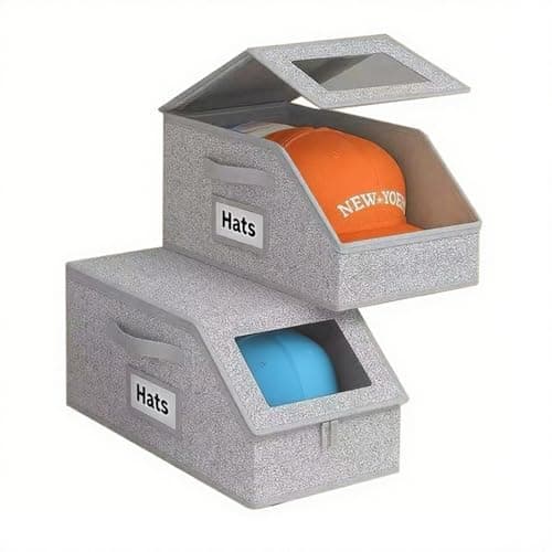 YICKHEWEN 2 Pack Hat Organizer Box for Women & Men, Foldable Storage Box with Clear Lid for Baseball, Cowboy Caps, Stackable Clear Hat Organizer, Store up to 28 Caps, Grey - Image 1