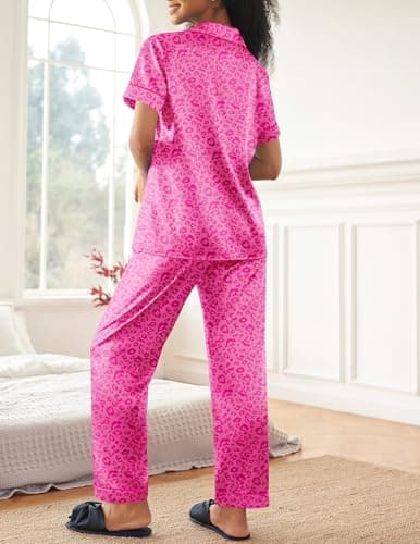 Ekouaer Womens Silky Satin Pajamas Set Short Sleeve Button Down Sleepwear 2 Piece Lounge Set Pj Set Hot Pink Leopard X-Large - Thumbnail 5