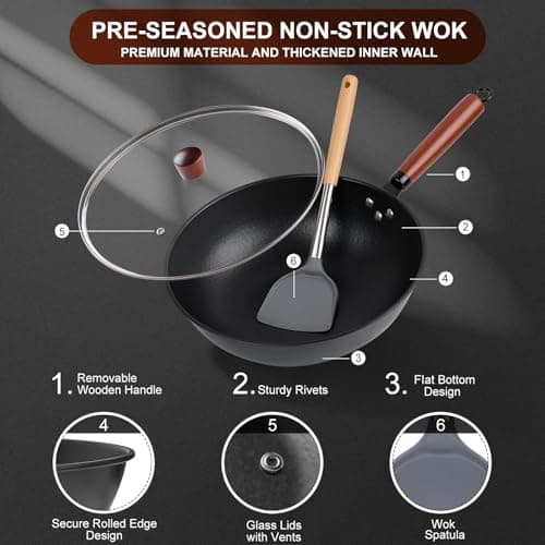 13" Nonstick Wok - Wok Pan with Glass Cover, Carbon Steel Woks & Stir-Fry Pans: Flat Bottom Chinese woks for Electric, Induction, Gas, All Stoves - Thumbnail 6