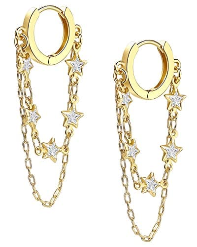 Shownee Tassel Chain Small Gold Hoop Dangle Earring For Women Huggie Earring Heart Star CZ 14K Gold Plated Fashion Jewelry Friendship Gift - Image 1