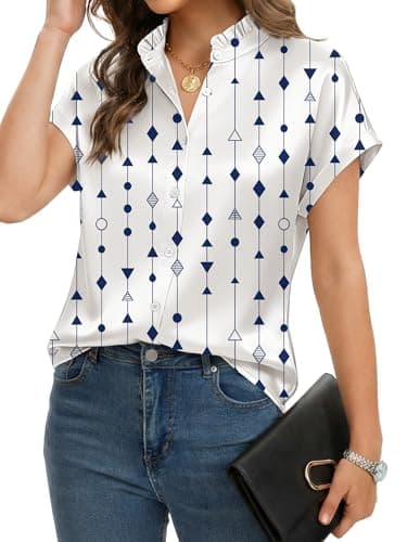 Funlingo Womens Tops Short Sleeve Button Down Shirts Dressy Casual Ruffle Collar Satin Silk Blouses 2026 Summer Fashion Clothes Geometric White 2XL - Thumbnail 3