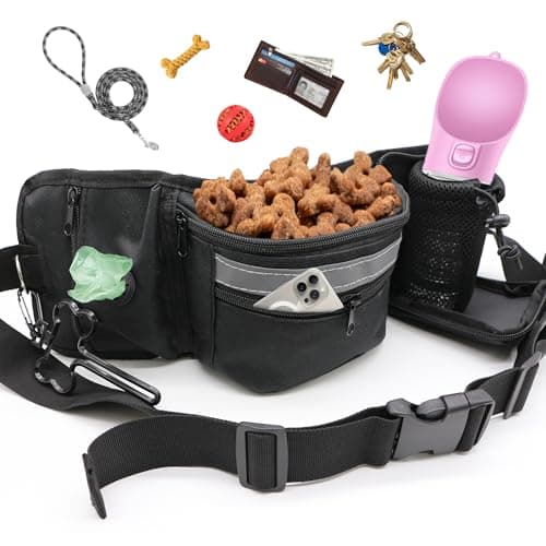 Dog Walking Fanny Pack with Poop Bag Dispenser & Bottle Holder, Hands-Free Dog Walk Bag with Adjustable Waist Belt, Reflective Dog Fanny Pack for Walking, Training & Daily Use, Black