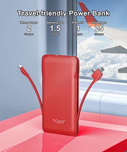 TG90° 10000mAh Slim Portable Charger with Built in Cable,Red - Thumbnail 6