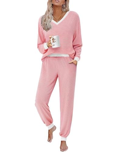 JUSTFASHIONNOW Women's Pajama Sets 2 Piece Striped Lounge Sets Long Sleeve Tops and Pants Soft Sleepwear Pjs 2025 Travel Outfits Pijamas De Mujer(Red,Small - Image 1