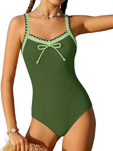 AMAWMW Girls' Swimsuit Adjustable Straps Padded Bathing Suit for 9-16y Teens Kids Swimwear Summer, Green, 9-10 Years - Image 1