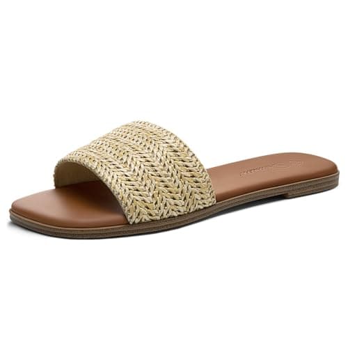 Athlefit Raffia Flat Sandals for Women Dressy Square Open Toe Comfortable Slip On Beach Casual Slide Sandals Apricot Size 8 - Image 1