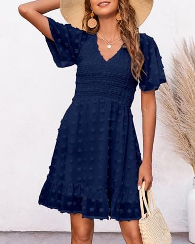 BTFBM Womens Beach Vacation Dress Summer 2026 V Neck Short Sleeve Smocked Swiss Dot Ruffle Casual Spring Mini Dresses(Navy, XX-Large) - Thumbnail 4