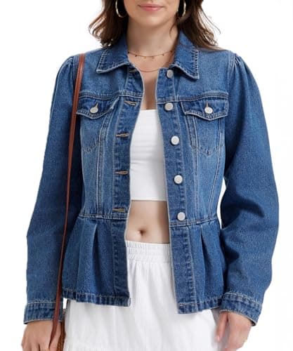 J.Corrine Womens Denim Jacket Peplum Ruffle Hem Jeans Jacket Button Down Casual Trendy Puff Long Sleeve Jean Jackets Dark Blue S - Image 1