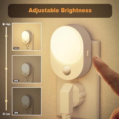 JandCase LED Motion Sensor Night Light, 2 Pack, Motion Activated Sensor Night Lights Plug into Wall, 3000K Warm White, Dimmable Nightlight with Dusk to Dawn Sensor for Kids Bathroom Hallway Bedroom - Thumbnail 2