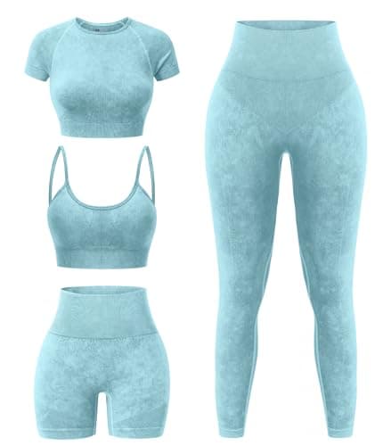 YOAKUKA Women's 4 Piece Workout Sets Seamless Acid Wash Yoga Outfits with Short Sleeve Top Sports Bra Biker Shorts High Waist Leggings Active Set - Image 1