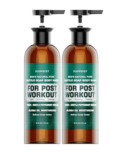 FLOWHYET Mens Body Wash, Pure Castile Soap Liquid for Sport & Post-Workout, Cedar Amber Scent Moisturizing Body Wash for Men After Gym, Running & Training, 16 Oz Pack of 2 Pump Bottle