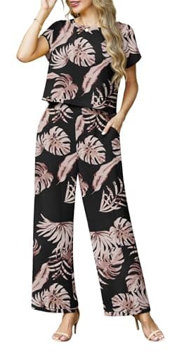 Lepunuo Women Summer 2 Piece Sets Cap Sleeve Crop Top Flowy Wide Leg Pants Matching Lounge Set Vacation Beach Travel Outfits - Image 1