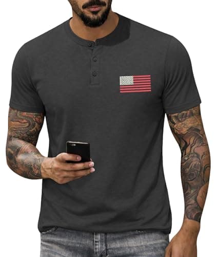KESIHAN Men’s American Flag Henley T-Shirt Patriotic Graphic Casual Button Down Short Sleeve Slim Fit T Shirt - Image 1