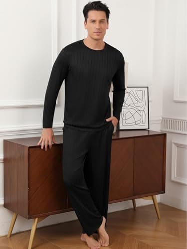 RQP Men's Pajama Set Ribbed Lounge Wear Silky Smooth 2 Piece Sleepwear,Stretch Home Outfits for Men,Black - Thumbnail 2