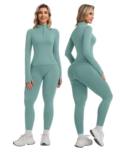 YOAKUKA Womens 2 Piece Workout Sets Quarter Zip Pullover High Waist Butt Lifting Leggings Seamless Yoga Outfits Gym Sets