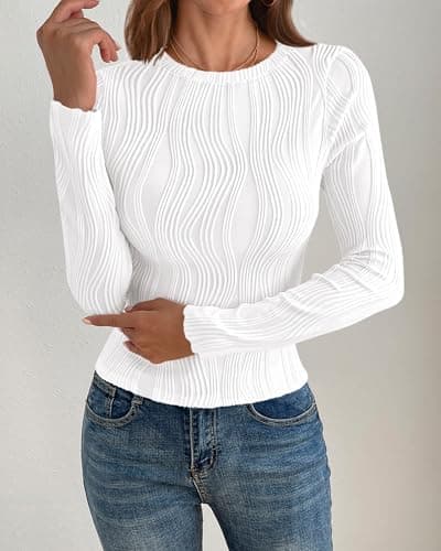 PRETTYGARDEN Women's Tops 2026 Spring Fashion Long Sleeve Crewneck Blouse Fitted Textured Basic Knit T Shirt Y2k Clothes(White,XX-Large) - Thumbnail 2