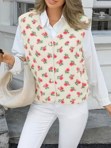 Cicy Bell Womens Fuzzy Fleece Vest Fall Floral Sleeveless Sherpa Jacket Lightweight Button Down Warm Outerwear with Pockets - Thumbnail 5