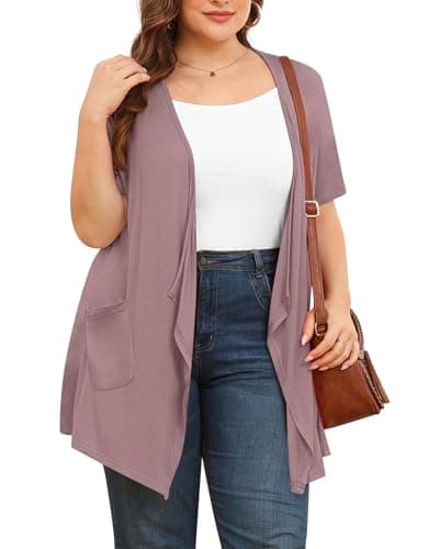 TIANZHU Cardigan for Women Lightweight Open Front Drape Short Sleeve Dressy Cardigan Fall Formal Cardigan 3XL Mauve - Image 1