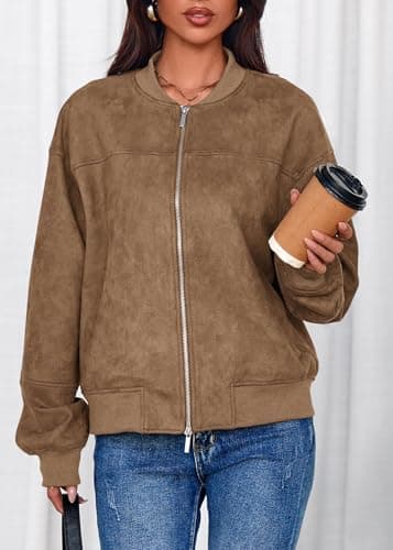 Lazysmile Women's Faux Suede Bomber Jackets Fall Fashion Outfits Winter Clothes Stand Collar Zip Up Coat Outwear with Pockets - Thumbnail 4