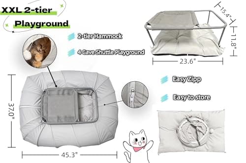 XxingSheep 2-Tier Cat Tunnel & Hammock Bed XXL, 4 Cave Shuttle with Elevated for Multiple Cats Toy Light Grey - Thumbnail 6