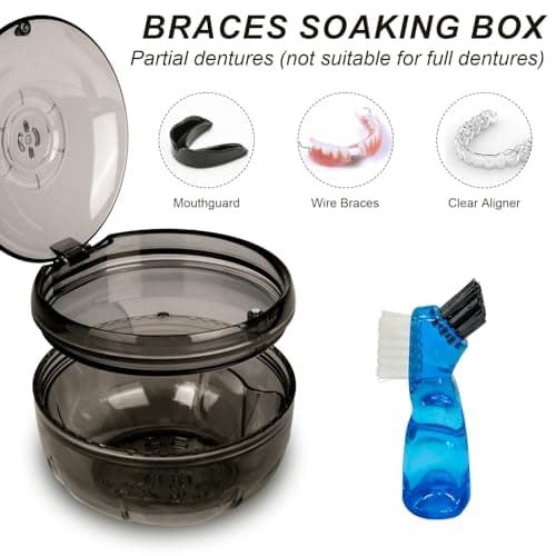 ACSKD Retainer Cleaning Case,Portable No-Leak Denture Cup Case with Dentures Brush Kit, Travel Retainer Cases with Vent Holes for Clear Aligner,Mouth Guards,Night Guard,Dentures (Black) - Thumbnail 3