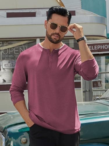 Hardaddy Men's Long Sleeve Henley Shirts Casual Color Block Henley Button T-Shirt Tops Wine Red M - Thumbnail 5