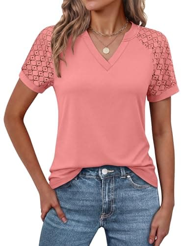 ANRABESS Womens Short Sleeve V Neck Shirts Lace Dressy Casual Blouse 2026 Summer Business Work Tops Vacation Trendy T-Shirts Coral Large - Image 1