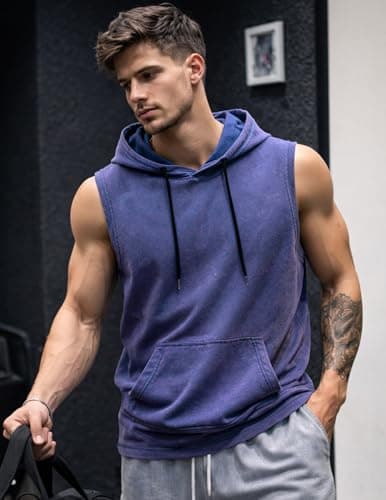 JMIERR Mens 2026 Vintage Washed Sleeveless Hoodie Tank Top Cotton Muscle Workout Gym Streetwear Shirt Blue - Thumbnail 3