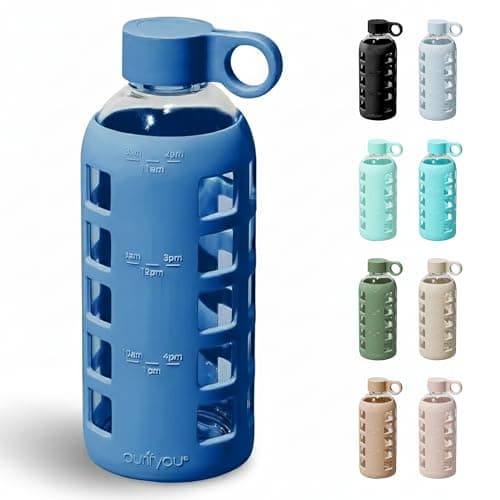 purifyou 40oz / 32oz / 22oz / 12oz Borosilicate Glass Water Bottle with Time & Volume Markers, Silicone Sleeve, Stainless Steel Lid | Reusable Glass Bottle for Water & Juice (22oz Chinese Porcelain) - Image 1