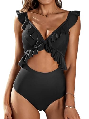SOCIALA Womens Ruffle One Piece Swimsuit Cutout Strappy Monokinis Swimwear Bathing Suits X-Large Black - Image 1
