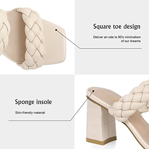 Athlefit Women's Braided Heeled Sandals Summer Square Open Toe Heels Slip On Block Heels Beige Size 7.5 - Thumbnail 5