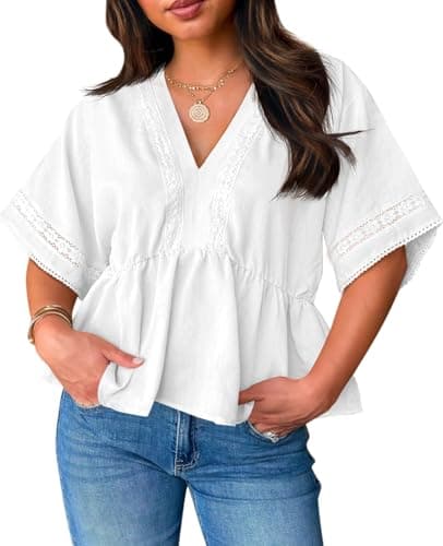 Womens Plus Size Babydoll Tops Cute Summer Eyelet V Neck Short Sleeve Blouses Cropped Lace Ruffle Boho Shirts White - Image 1