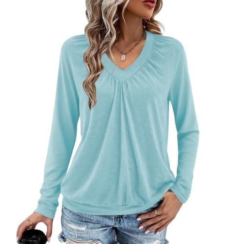 Long Sleeve Shirts for Women V Neck Casual Tops Women Long Sleeve Tops Basic T Shirts Outfits Womens Clothes 2025 (US, Alpha, X-Large, Regular, Regular, Sky Blue) - Image 1