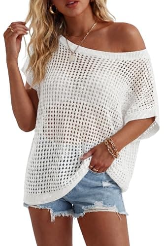 Arach&Cloz Women's Cotton Crochet Tops Short Sleeve Sweater Bathing Suit Swimsuit Cover Up Off Shoudler Oversized Knit Breathable Beach Vacation Resort Wear Casual Summer Cruise Outfits 2026 White XL - Image 1