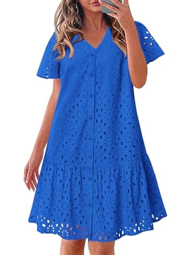 KIRUNDO Eyelet Dresses for Women 2026 Spring Summer Short Sleeve Button Down Loose Mini Babydoll Dress Beach Vacation Clothes(Blue, XX-Large) - Image 1