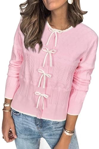 Arach&Cloz Bow Button Down Valentine's Day Cardigan Sweaters 2026 Spring Summer Womens Fall Tops Fashion Color Block Tie Front Casual Long Sleeve Crew Neck Ribbed Knit Outfits Travel Trendy Pink S - Image 1