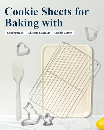 Ymiton 7PCS Nonstick Baking Sheet Set - 10x15in Jelly Roll Pan with Wire Rack, Silicone Spatula & 4 Cookie Cutters, Thickened Carbon Steel, Oven Safe 450°C, Sunshine Cream - Thumbnail 2
