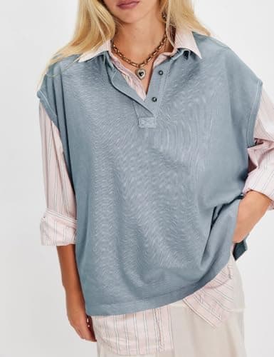 Haellun Oversized Polo Shirt for Women Casual Summer Tee Tops Cap Sleeve Collared Cotton Shirts(Light Blue,M) - Thumbnail 3