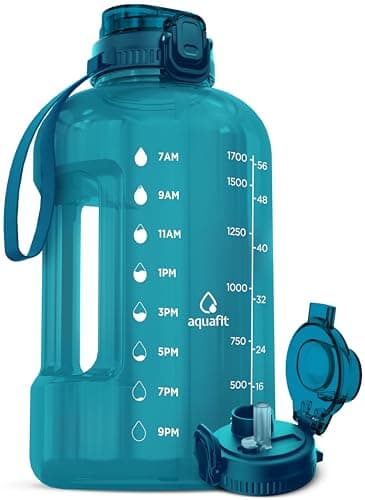 AQUAFIT Half Gallon Water Bottle with Time Marker - Straw & Chug Lid - BPA Free Gym Water Bottle with Straw - Big Gallon Jug (Aqua, 64 oz - 2in1 Lid) - Image 1