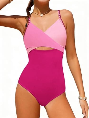 AMAWMW Girls One Piece Swimsuits Contrast Color Cross Bathing Suit Adjustable Straps Teen Swimwear Rose Red 13-14Y - Image 1