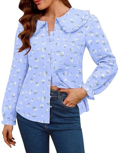 LOOKBOHO Women's Spring Long Sleeve Shirts Peter Pan Collar Button Down Blouse, Lightweight Cotton Tops, Elegant Work & Casual Wear, Puff Sleeve Fall Tops Blue Floral Small - Image 1