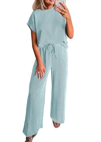 KIRUNDO 2 Piece Sets for Women Dressy Casual Ribbed Knit Short Sleeve Tops Wide Leg Pants Lounge Set Travel Airport Outfits(Aqua Blue, XX-Large) - Image 1