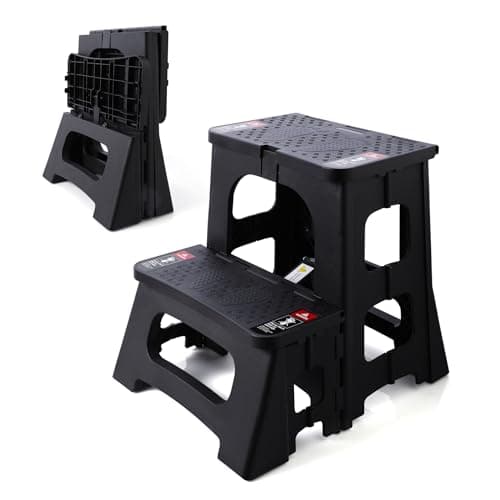 STOODER Folding 2-Step Stool - Upgraded Stable A-Frame, Safety Lock, Anti-Slip Rubber Feet, 300lb Capacity, No Assembly - 8" 17" Step Stools for Kitchen, Bathroom, Bed, RV, Home, Office (Black) - Image 1