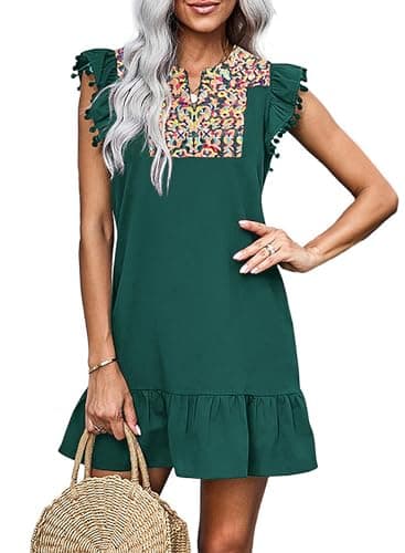 KIRUNDO Women's 2026 Summer Mini Dress Spring Casual V Neck Floral Embroidered Ruffle Sleeveless Shift Flowy Boho Dress (Dark Green, Medium) - Image 1