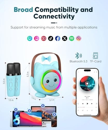 Mini Karaoke Machine Toy for Kids, Portable Karaoke Machine with 2 Wireless Microphone for 4,5,6,7,8,9,10,11,12+ Years Old Christmas Birthday Gifts Girls Boys (Blue) - Thumbnail 3