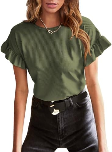 EVALESS Womens Fashion Trendy 2025 Dressy Casual Ruffle Short Sleeve Summer Tops Cute Spring Round Neck T Shirts Plain Loose Knit Blouses Clothes Jungle Green Medium - Image 1